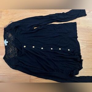 Zenana Outfitters Black Long-Sleeve Button Front Top with Lace Yoke